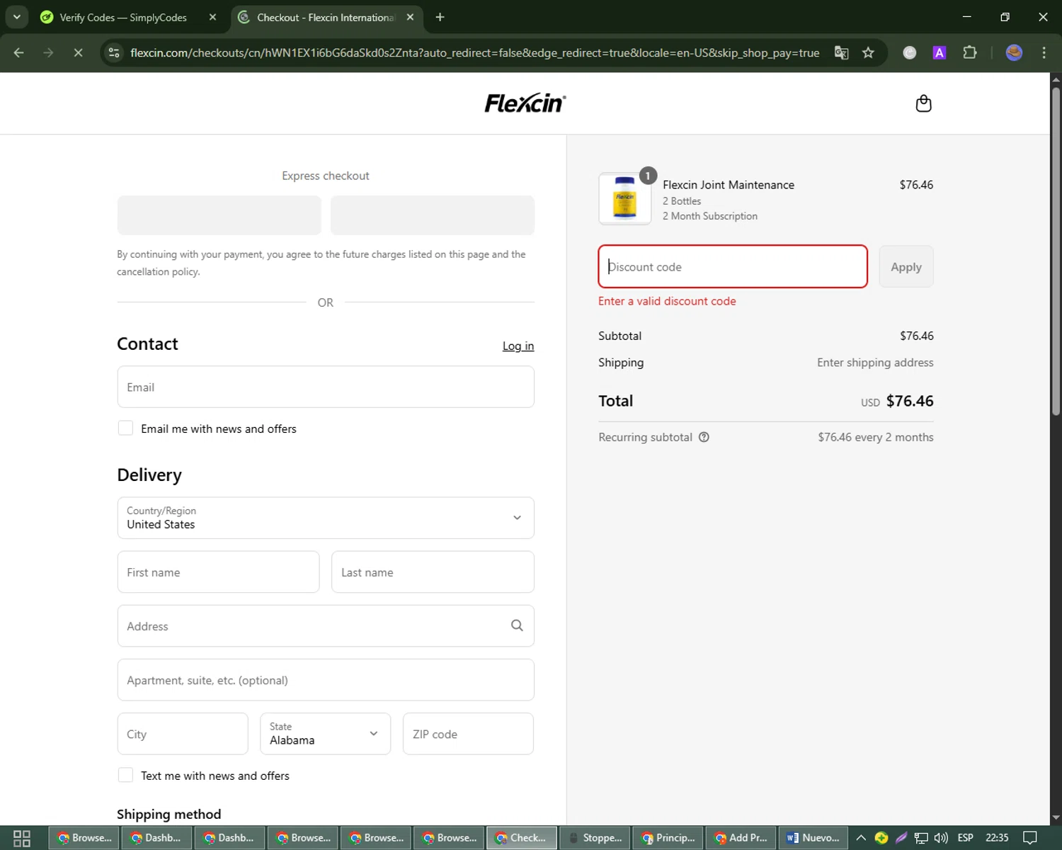 Flexcin coupon code screenshot showing code SAVE15 applied at Flexcin checkout page. Uploaded by SimplyCodes community member Papotico on Jul 30, 2025
