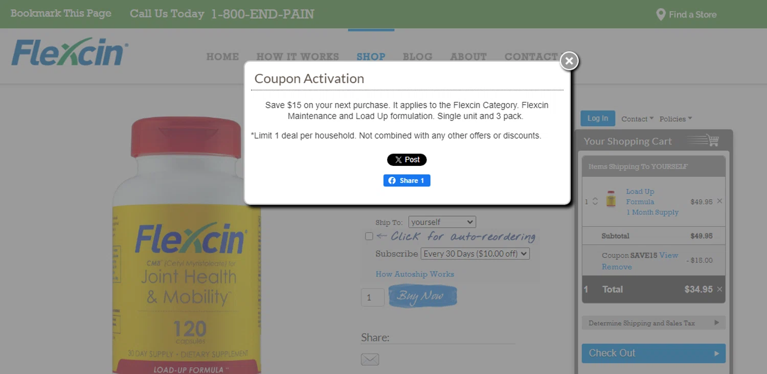 Flexcin checkout page showing Flexcin coupon code box | Screenshot taken by SimplyCodes community member on Jul 4, 2024