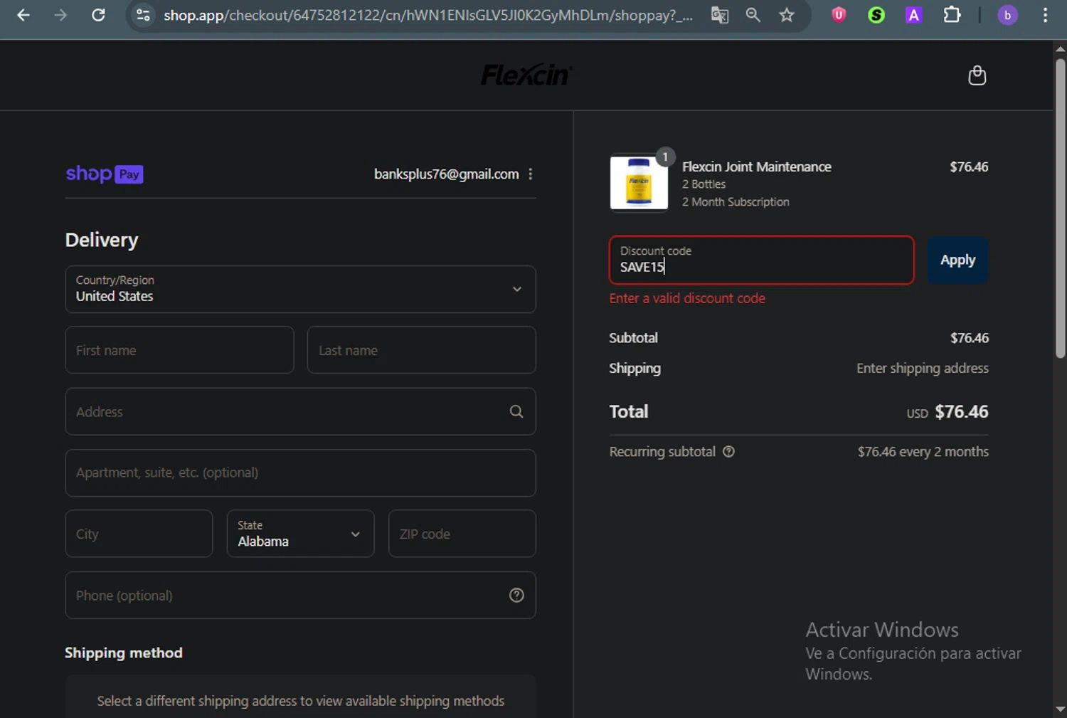 Flexcin coupon code screenshot showing code SAVE15 applied at Flexcin checkout page. Uploaded by SimplyCodes community member ThriftyFalcon6527 on Jul 30, 2025