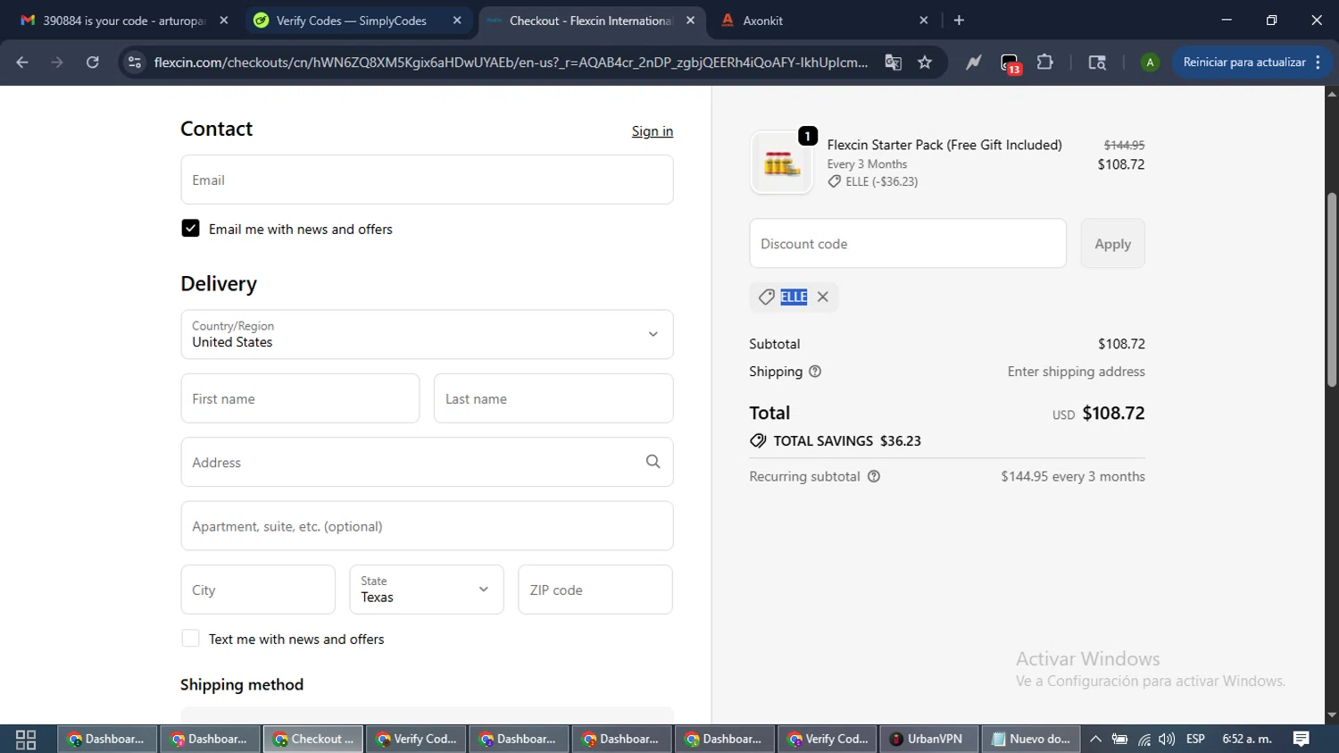 Flexcin coupon code screenshot showing code Elle applied at Flexcin checkout page. Uploaded by SimplyCodes community member CashLynx5338 on Dec 18, 2025