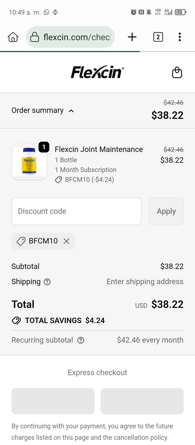 Flexcin coupon code screenshot showing code BFCM10 applied at Flexcin checkout page. Uploaded by SimplyCodes community member MRDEAL on Nov 12, 2025