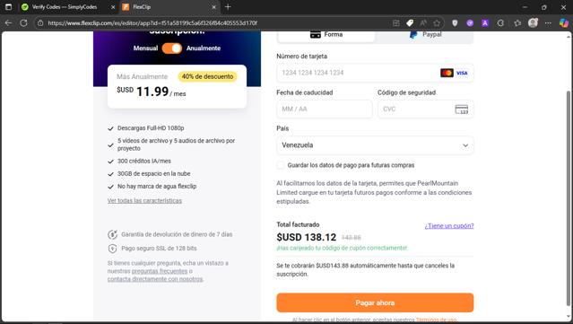 FlexClip checkout page showing FlexClip coupon code box | Screenshot taken by SimplyCodes community member on Aug 2, 2025