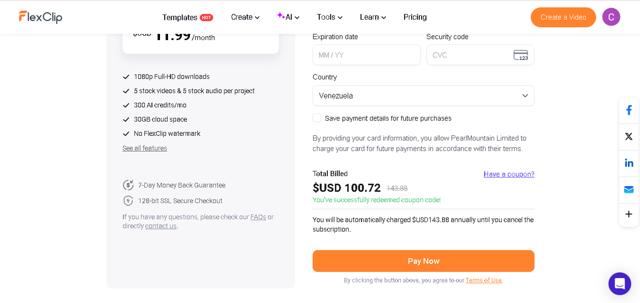 FlexClip checkout page showing FlexClip coupon code box | Screenshot taken by SimplyCodes community member on Aug 3, 2025