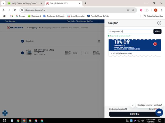Fleximounts checkout page showing Fleximounts coupon code box | Screenshot taken by SimplyCodes community member on Jun 10, 2025