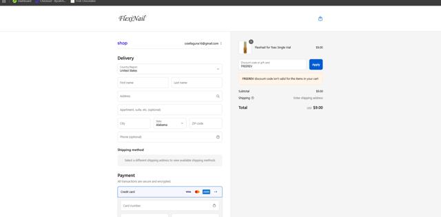 FlexiNail checkout page showing FlexiNail promo code box | Screenshot taken by SimplyCodes community member on Sep 14, 2025