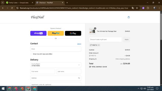 FlexiNail checkout page showing FlexiNail promo code box | Screenshot taken by SimplyCodes community member on Jul 23, 2025