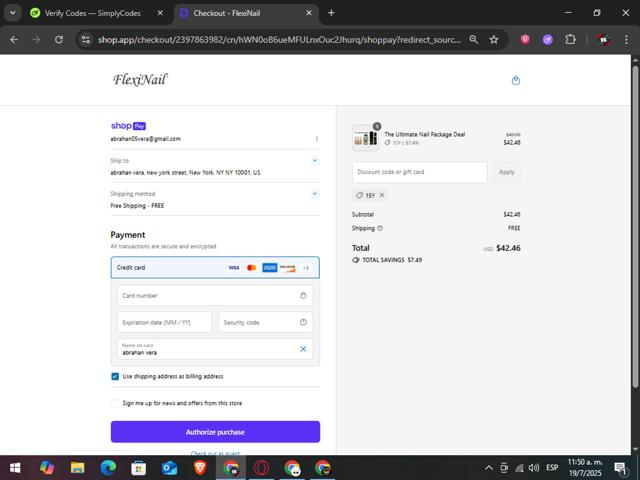 FlexiNail checkout page showing FlexiNail promo code box | Screenshot taken by SimplyCodes community member on Jul 19, 2025