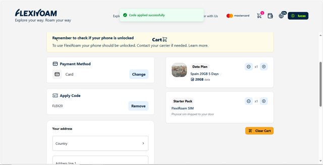 FLEXIROAM checkout page showing FLEXIROAM promo code box | Screenshot taken by SimplyCodes community member on Aug 23, 2025