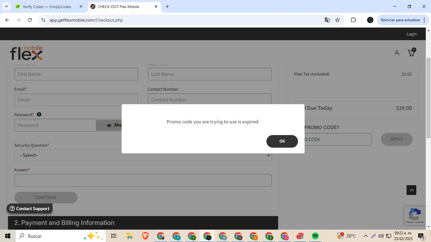 Flex Mobile promo code screenshot showing code FLEX25 applied at Flex Mobile checkout page. Uploaded by SimplyCodes community member Ingeniero on Feb 25, 2025