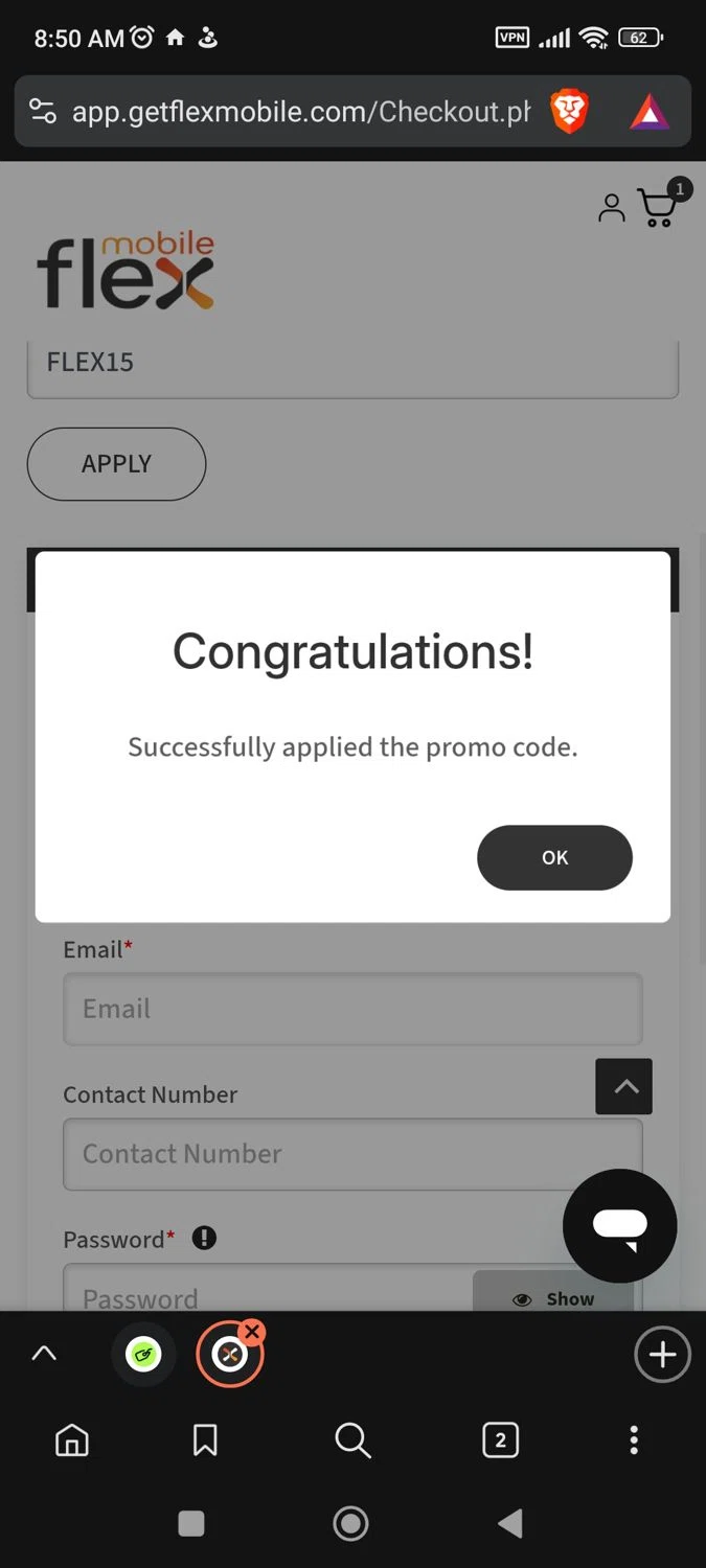 Flex Mobile promo code screenshot showing code FLEX15 applied at Flex Mobile checkout page. Uploaded by SimplyCodes community member BargainPioneer8286 on Aug 23, 2025