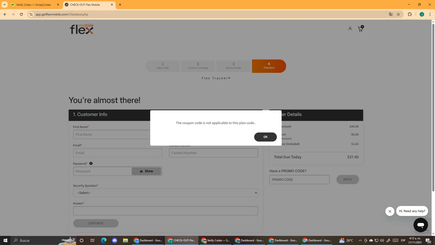 Flex Mobile promo code screenshot showing code TRYFLEX10 applied at Flex Mobile checkout page. Uploaded by SimplyCodes community member DealScout5970 on Nov 21, 2025
