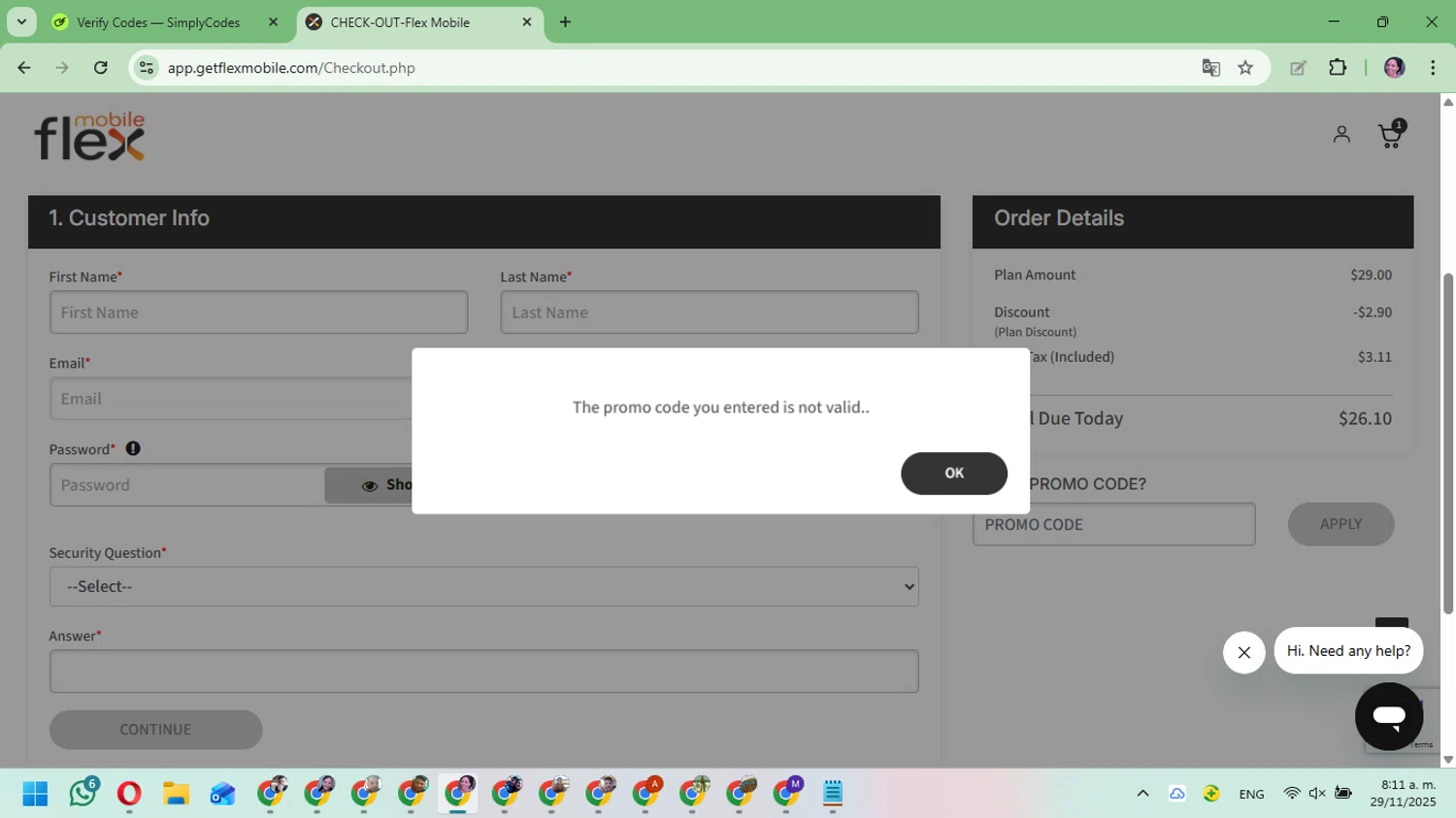 Flex Mobile promo code screenshot showing code TRYFLEX10 applied at Flex Mobile checkout page. Uploaded by SimplyCodes community member Mari_perez on Nov 29, 2025