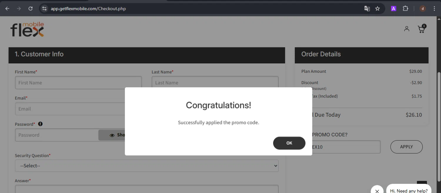 Flex Mobile promo code screenshot showing code TRYFLEX10 applied at Flex Mobile checkout page. Uploaded by SimplyCodes community member VoucherSpotter9376 on Sep 24, 2025