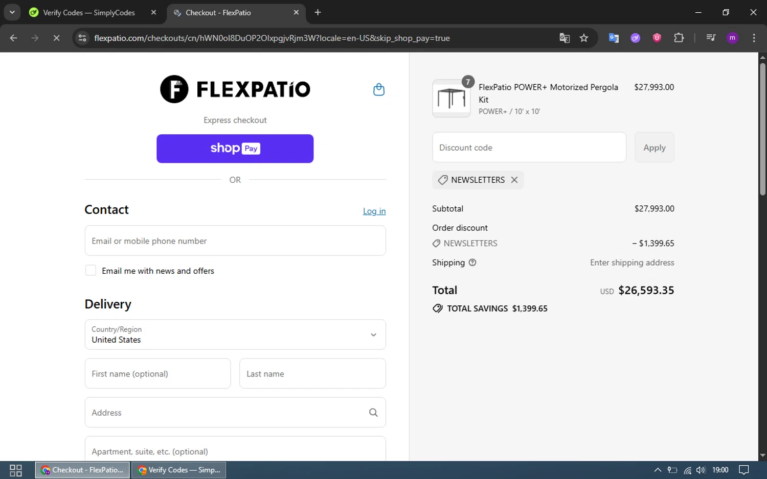 FlexPatio promo code screenshot showing code NEWSLETTERS applied at FlexPatio checkout page. Uploaded by SimplyCodes community member CrownWizard4992 on Jul 19, 2025