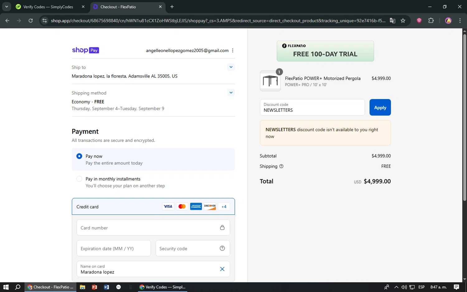 FlexPatio promo code screenshot showing code NEWSLETTERS applied at FlexPatio checkout page. Uploaded by SimplyCodes community member TreasureShopper9156 on Aug 17, 2025