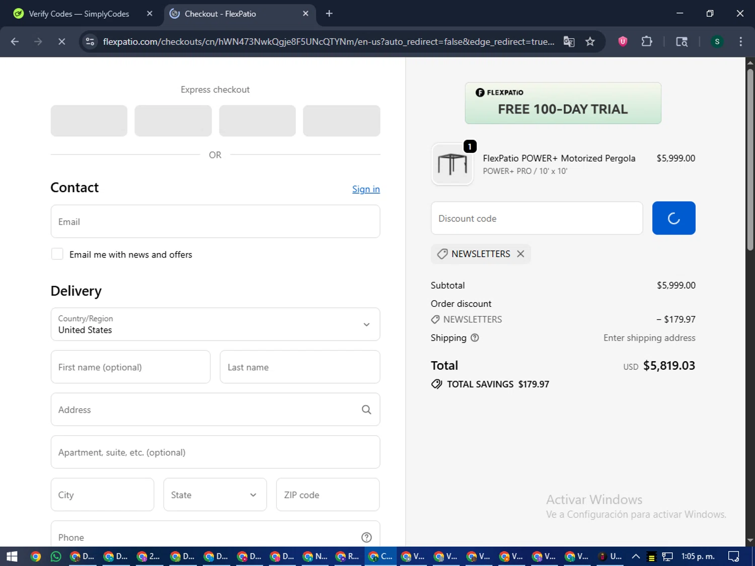 FlexPatio promo code screenshot showing code NEWSLETTERS applied at FlexPatio checkout page. Uploaded by SimplyCodes community member lilMosey on Oct 14, 2025
