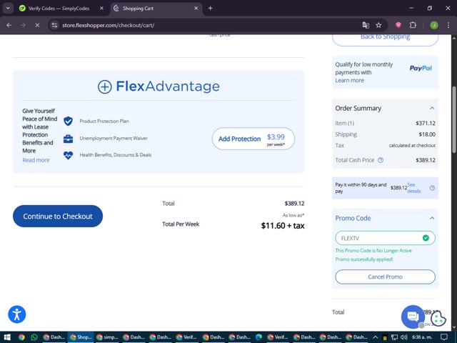 FlexShopper.com checkout page showing FlexShopper.com promo code box | Screenshot taken by SimplyCodes community member on Jun 30, 2025