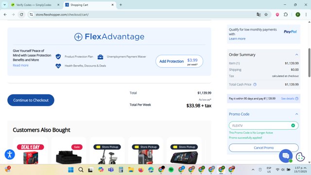 FlexShopper.com checkout page showing FlexShopper.com promo code box | Screenshot taken by SimplyCodes community member on Jul 15, 2025
