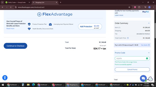 FlexShopper.com checkout page showing FlexShopper.com promo code box | Screenshot taken by SimplyCodes community member on Jul 15, 2025