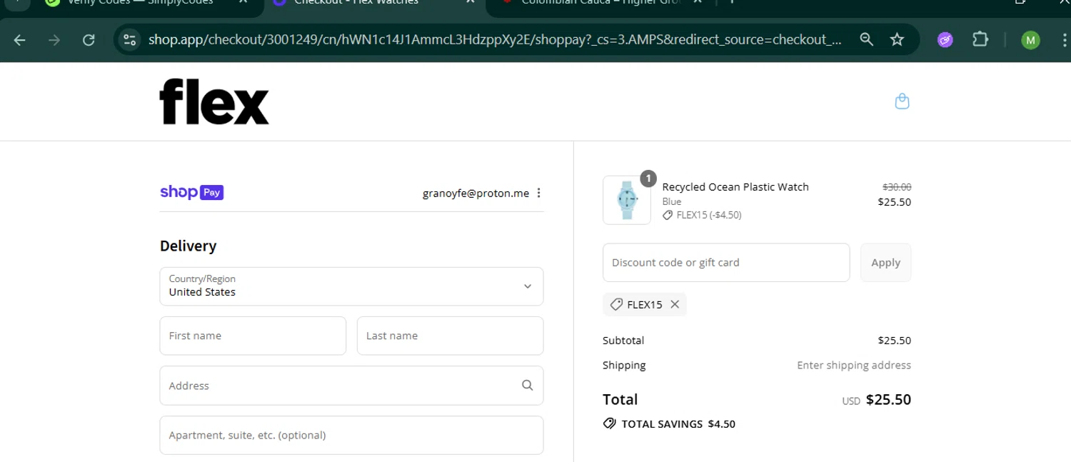 Flex Watches promo code screenshot showing code FLEX15 applied at Flex Watches checkout page. Uploaded by SimplyCodes community member MARCVH on Aug 9, 2025