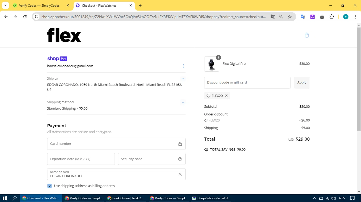 Flex Watches promo code screenshot showing code FLEX20 applied at Flex Watches checkout page. Uploaded by SimplyCodes community member BonusVoyager4214 on Jan 28, 2025