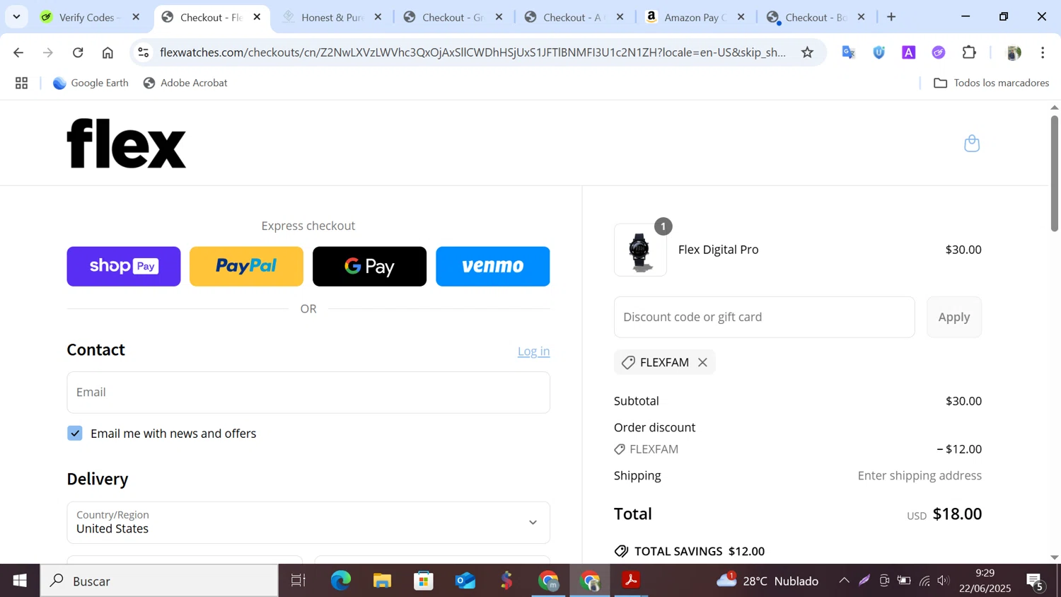 Flex Watches promo code screenshot showing code FLEXFAM applied at Flex Watches checkout page. Uploaded by SimplyCodes community member NobleMonarch5837 on Jun 22, 2025