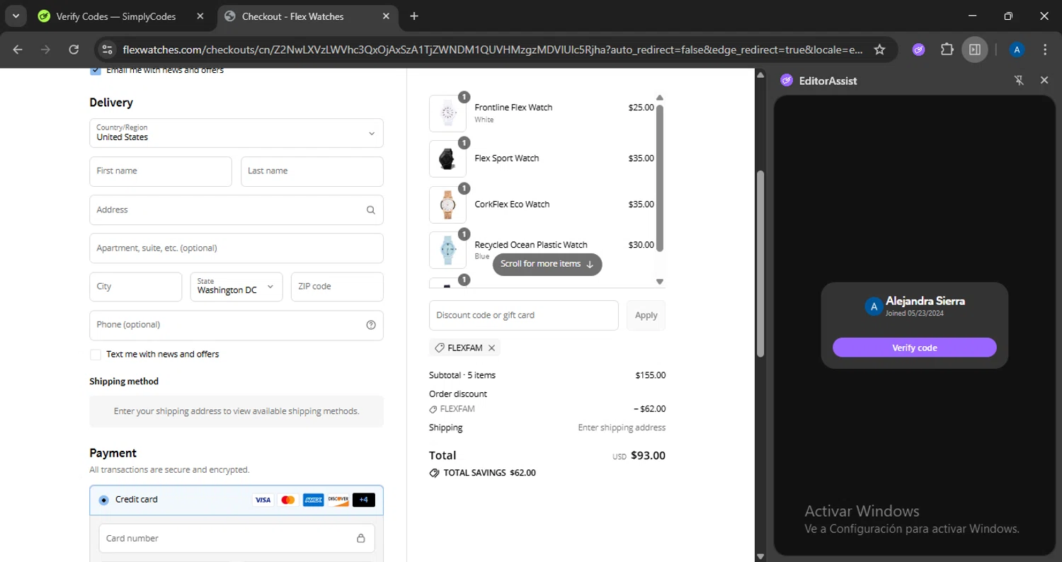 Flex Watches promo code screenshot showing code FLEXFAM applied at Flex Watches checkout page. Uploaded by SimplyCodes community member ThriftyEagle2472 on Jul 14, 2025