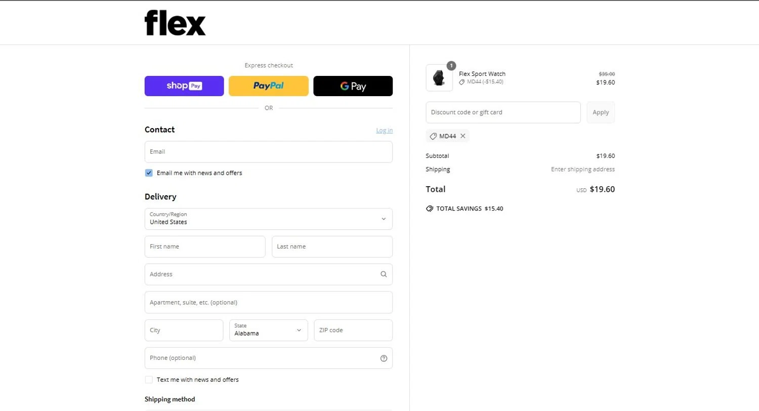 Flex Watches promo code screenshot showing code MD44 applied at Flex Watches checkout page. Uploaded by SimplyCodes community member BargainRanger2568 on Jun 12, 2025