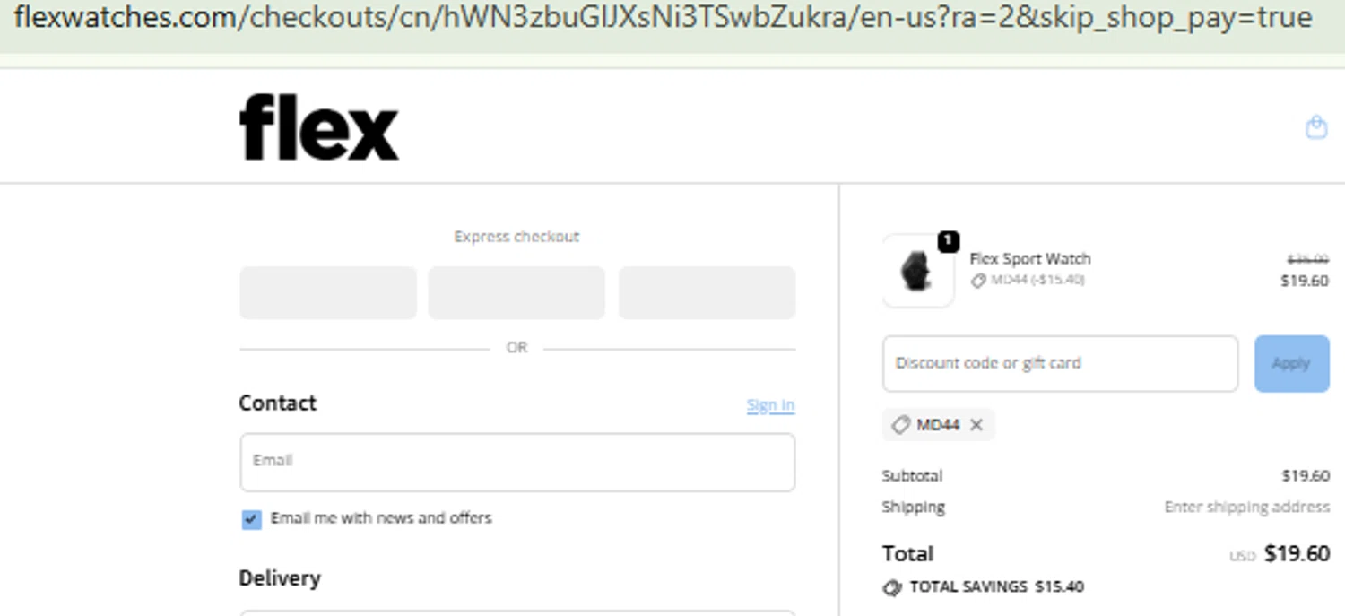 Flex Watches promo code screenshot showing code MD44 applied at Flex Watches checkout page. Uploaded by SimplyCodes community member CashMaestro9337 on Oct 11, 2025