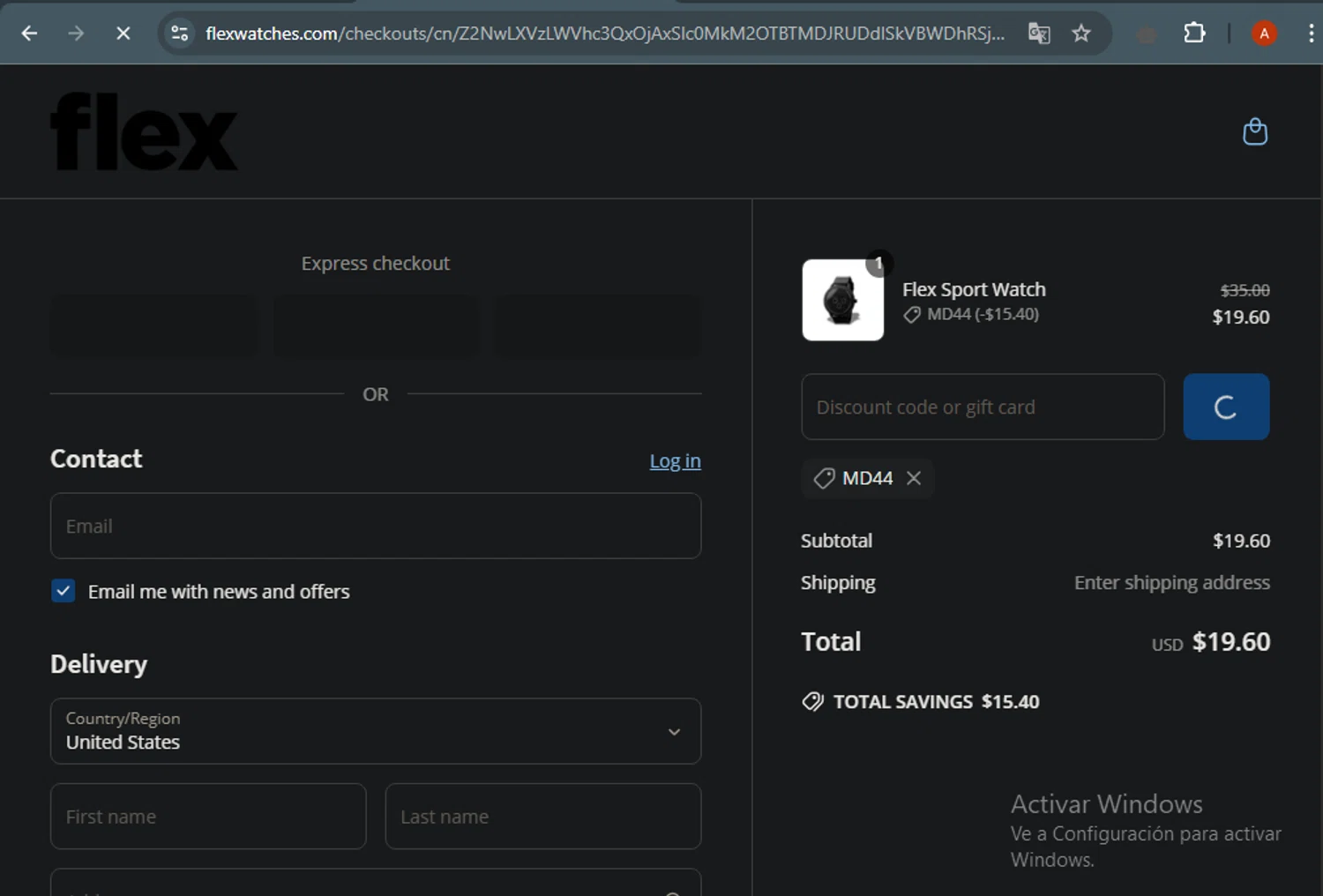 Flex Watches promo code screenshot showing code MD44 applied at Flex Watches checkout page. Uploaded by SimplyCodes community member ThriftyLegend5118 on May 25, 2025