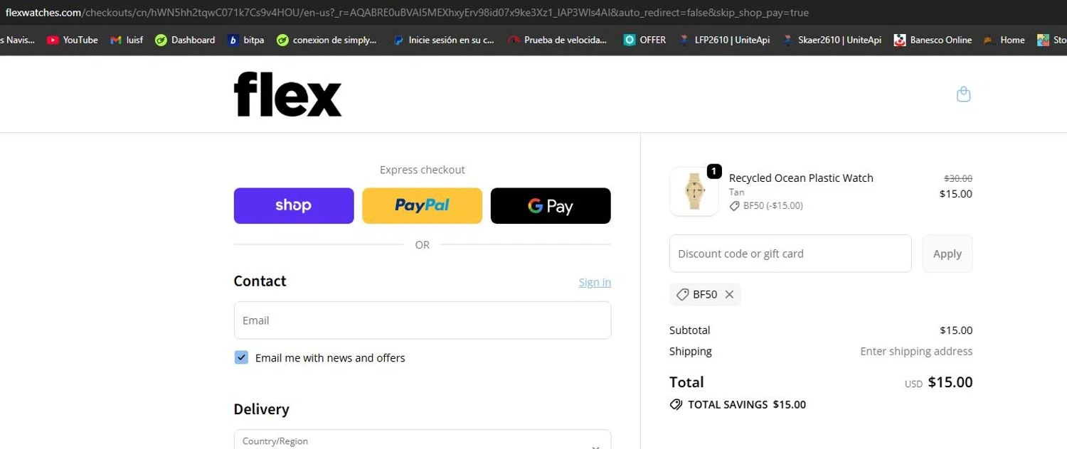 Flex Watches promo code screenshot showing code BF50 applied at Flex Watches checkout page. Uploaded by SimplyCodes community member lfppernia on Nov 25, 2025