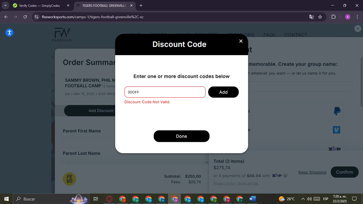 FlexWork Sports discount code screenshot showing code 30OFF applied at FlexWork Sports checkout page. Uploaded by SimplyCodes community member CashChaser8387 on Feb 22, 2025