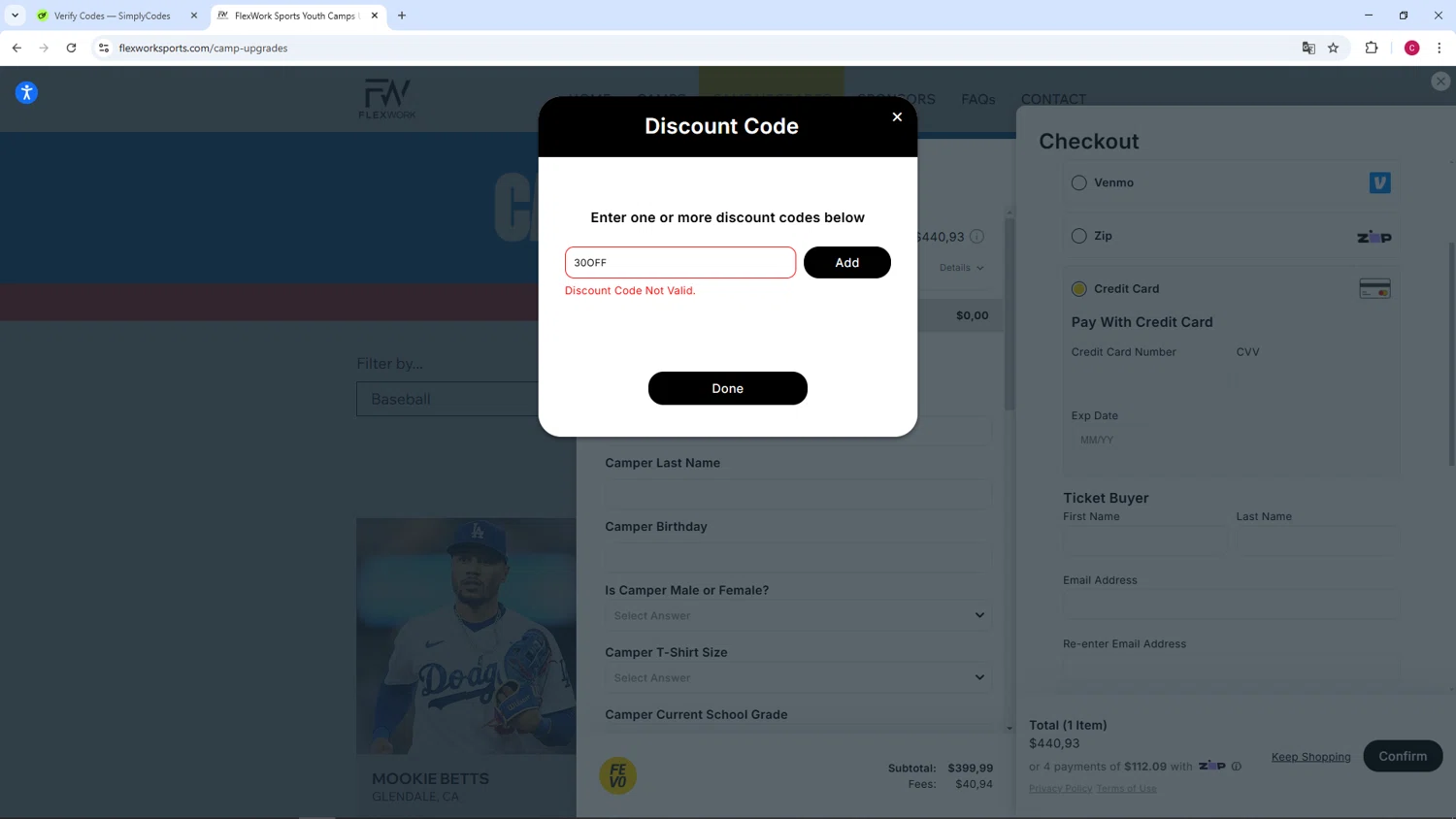 FlexWork Sports discount code screenshot showing code 30OFF applied at FlexWork Sports checkout page. Uploaded by SimplyCodes community member TOROREX250 on Feb 22, 2025