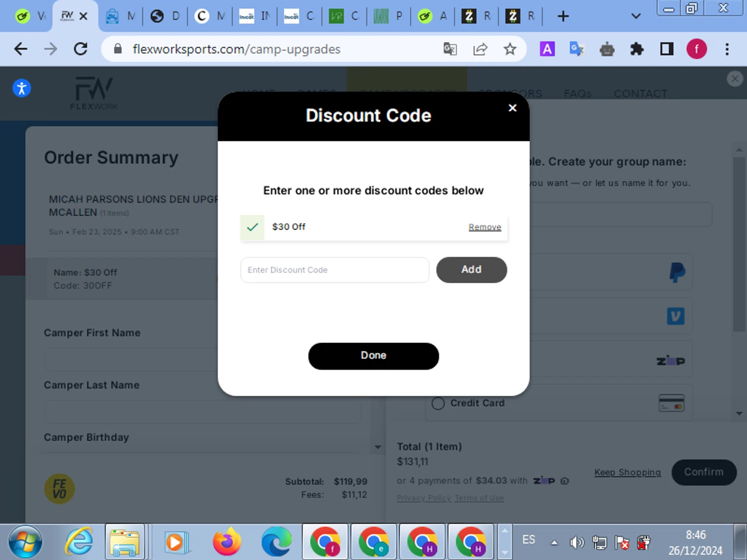 FlexWork Sports checkout page showing FlexWork Sports discount code box | Screenshot taken by SimplyCodes community member on Dec 26, 2024