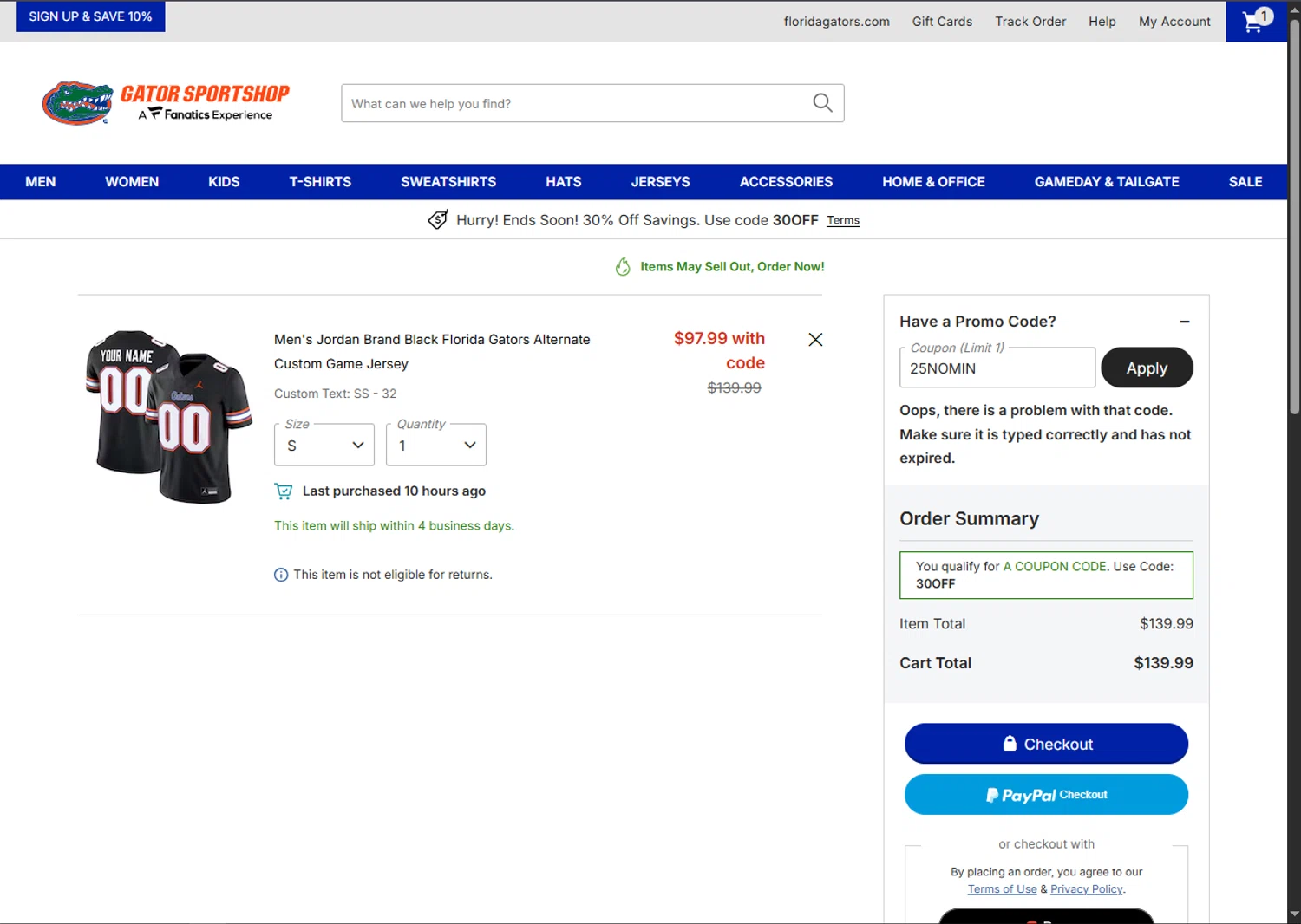 Florida Gators Shop coupon code screenshot showing code 25NOMIN applied at Florida Gators Shop checkout page. Uploaded by SimplyCodes community member VoucherFinder3467 on Nov 24, 2025