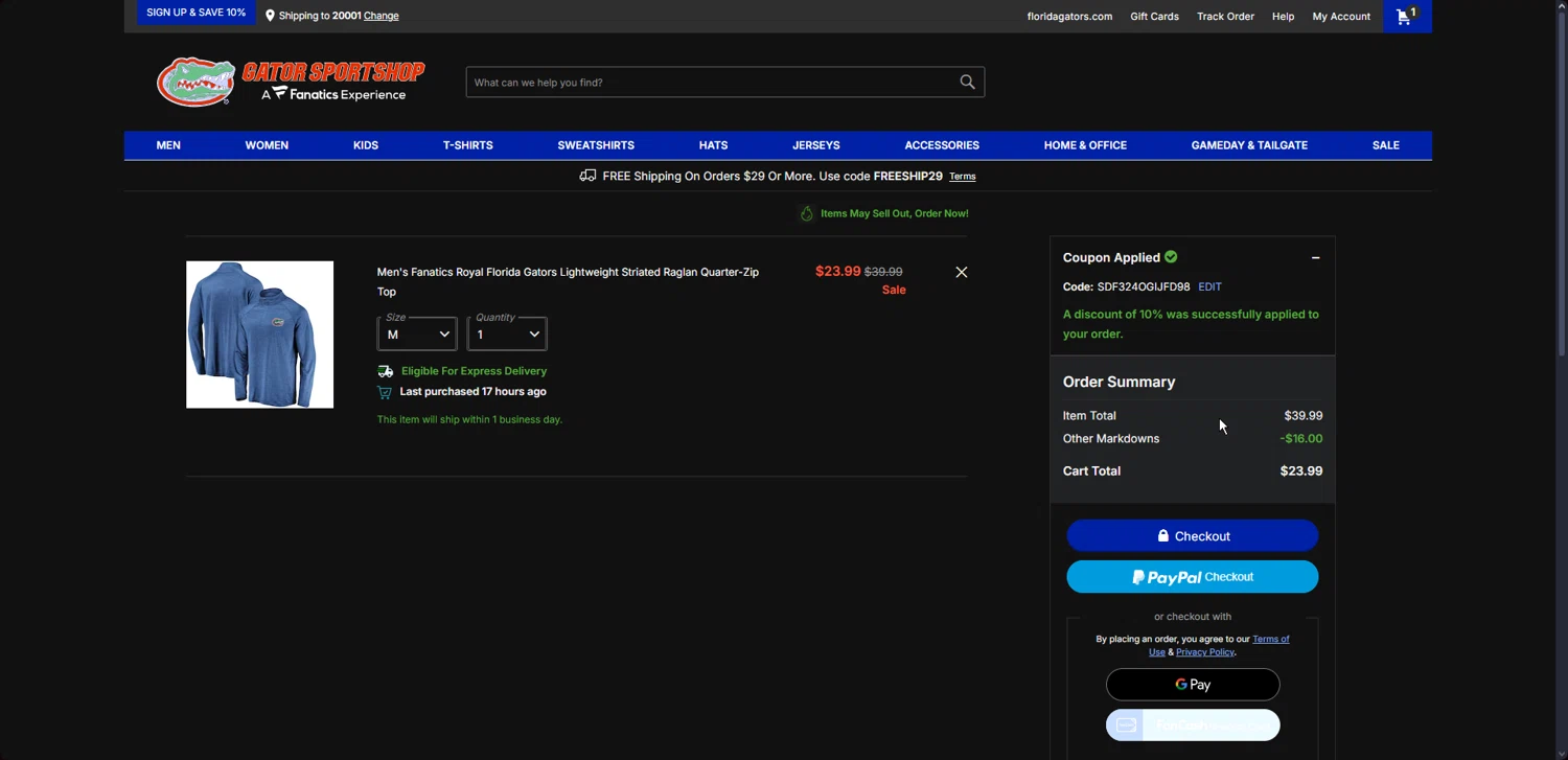 Florida Gators Shop coupon code screenshot showing code SDF324OGIJFD98 applied at Florida Gators Shop checkout page. Uploaded by SimplyCodes community member CoinMaestro864 on Jul 25, 2025