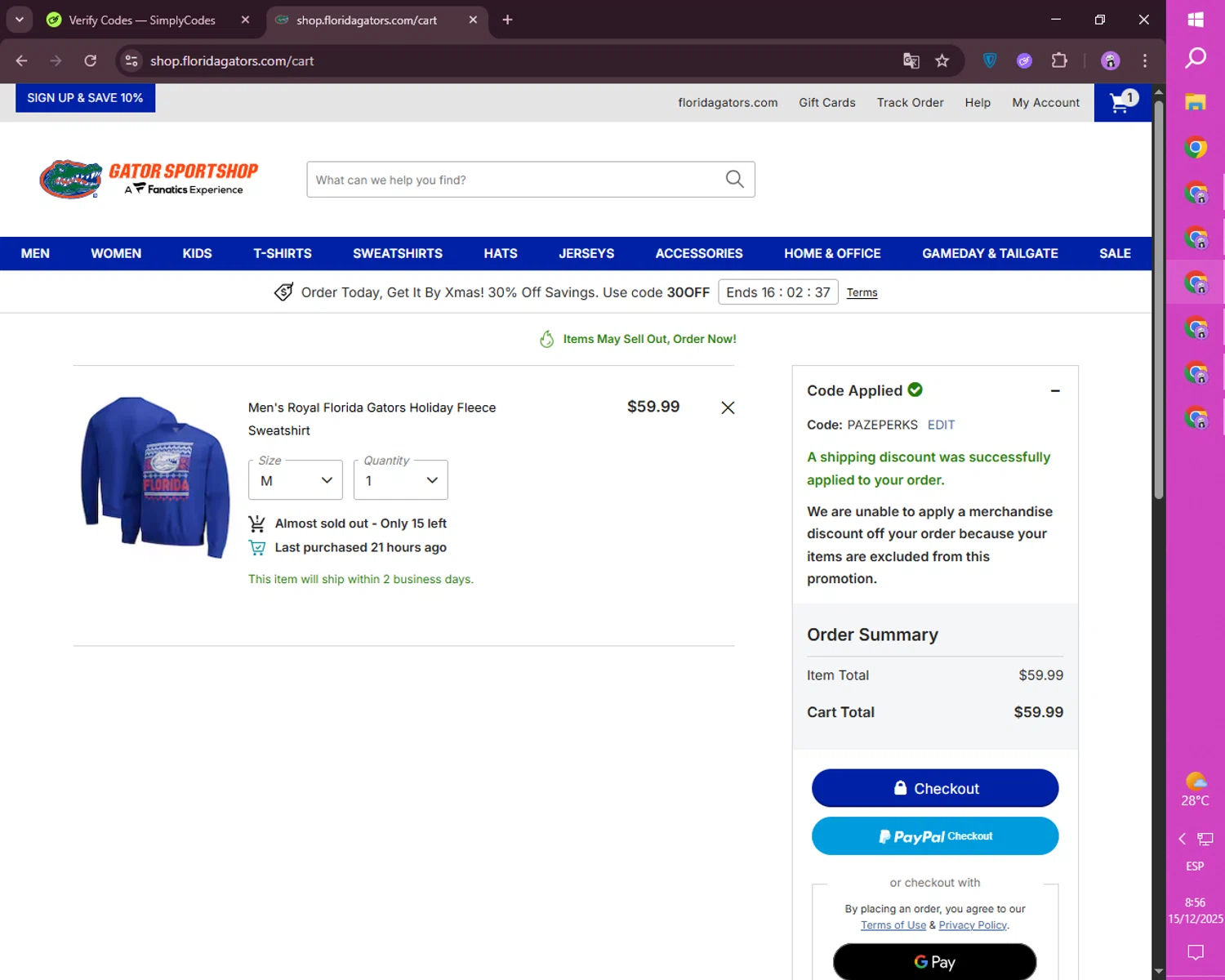 Florida Gators Shop coupon code screenshot showing code PAZEPERKS applied at Florida Gators Shop checkout page. Uploaded by SimplyCodes community member mileSalima on Dec 15, 2025