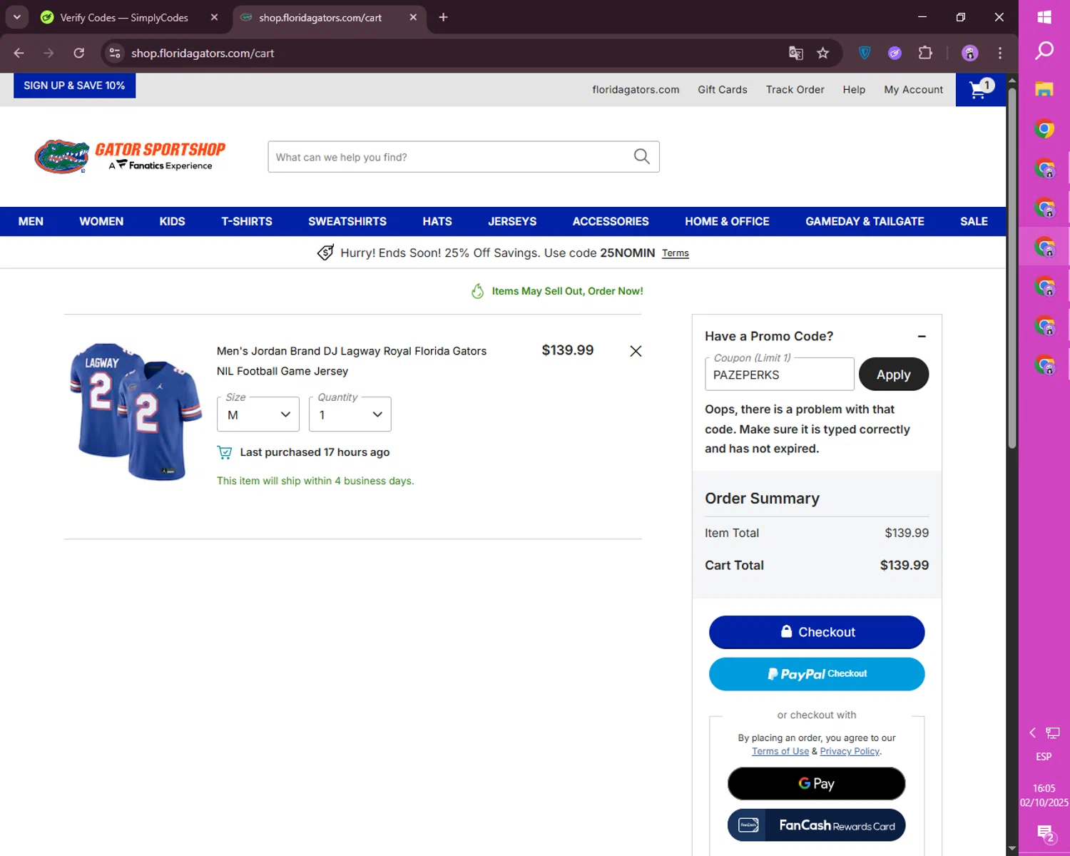 Florida Gators Shop coupon code screenshot showing code PAZEPERKS applied at Florida Gators Shop checkout page. Uploaded by SimplyCodes community member mileSalima on Oct 2, 2025