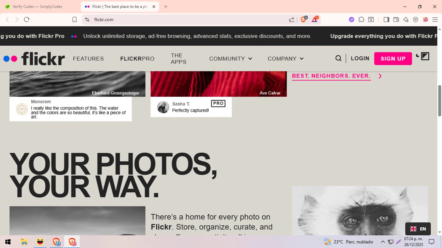 Flickr promo code screenshot showing code MFY25 applied at Flickr checkout page. Uploaded by SimplyCodes community member Ingeniero on Dec 26, 2025