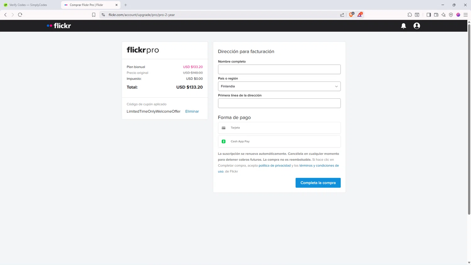 Flickr checkout page showing Flickr promo code box | Screenshot taken by SimplyCodes community member on Feb 7, 2026