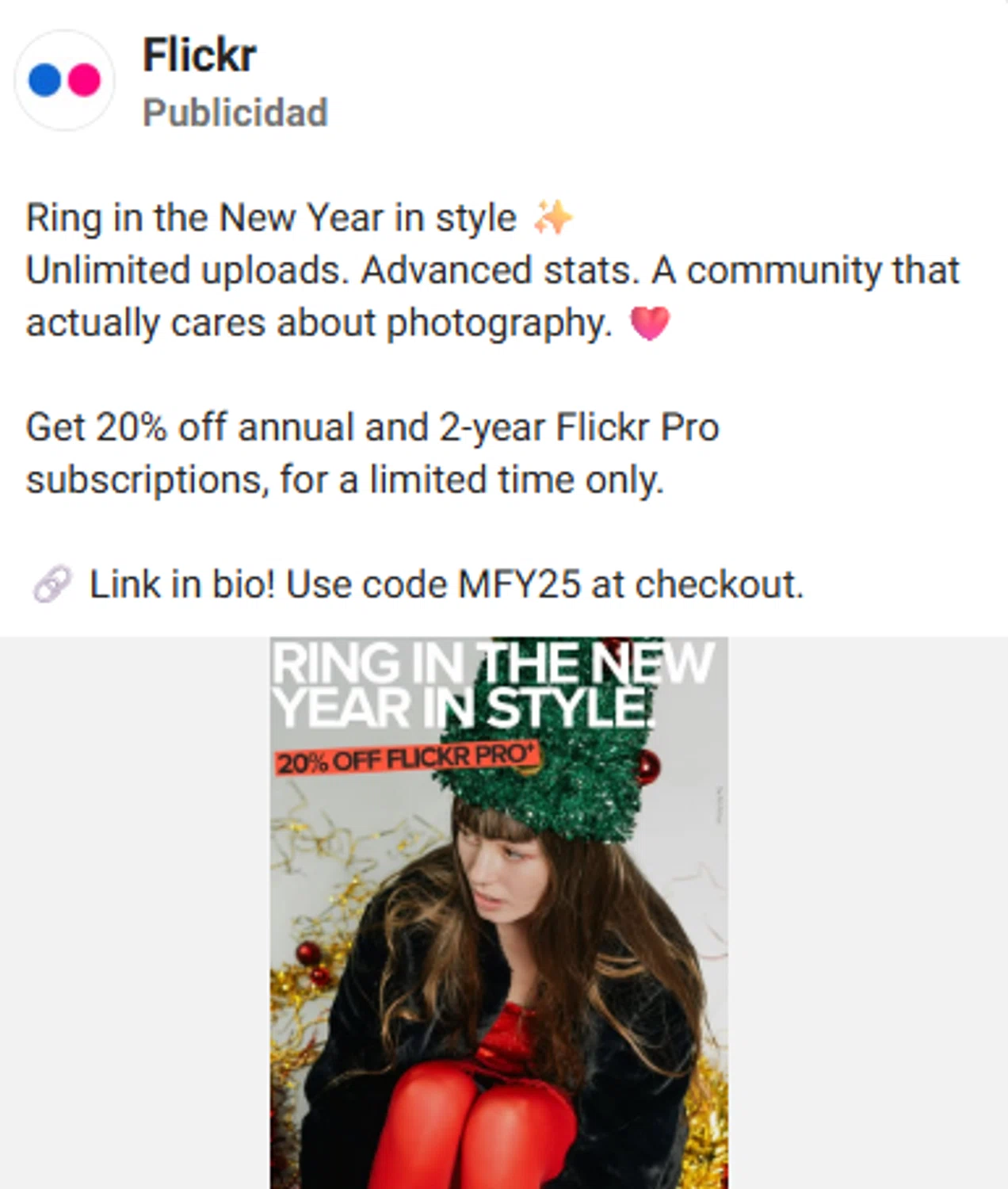 Flickr promo code screenshot showing code MFY25 applied at Flickr checkout page. Uploaded by SimplyCodes community member newhybridmen on Dec 26, 2025
