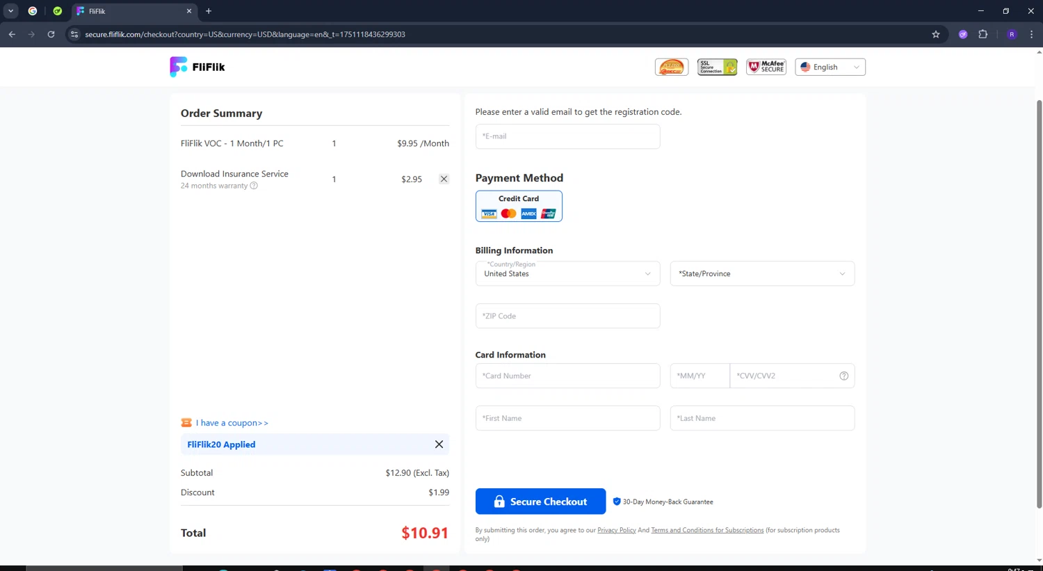 FliFlik promo code screenshot showing code FliFlik20 applied at FliFlik checkout page. Uploaded by SimplyCodes community member CashCollector4199 on Jun 28, 2025