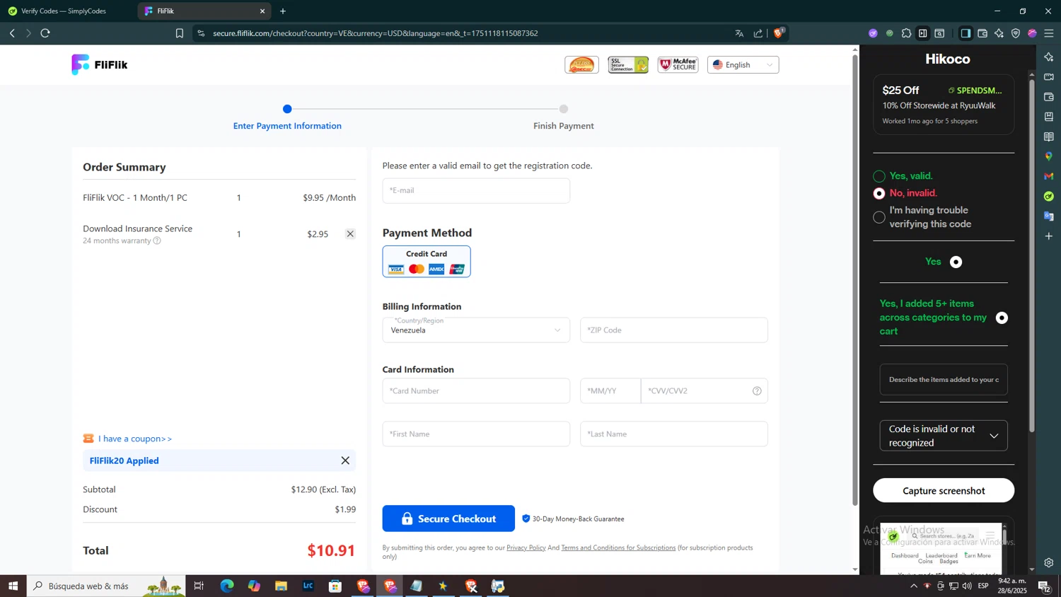 FliFlik promo code screenshot showing code FliFlik20 applied at FliFlik checkout page. Uploaded by SimplyCodes community member SmartGuardian6731 on Jun 28, 2025