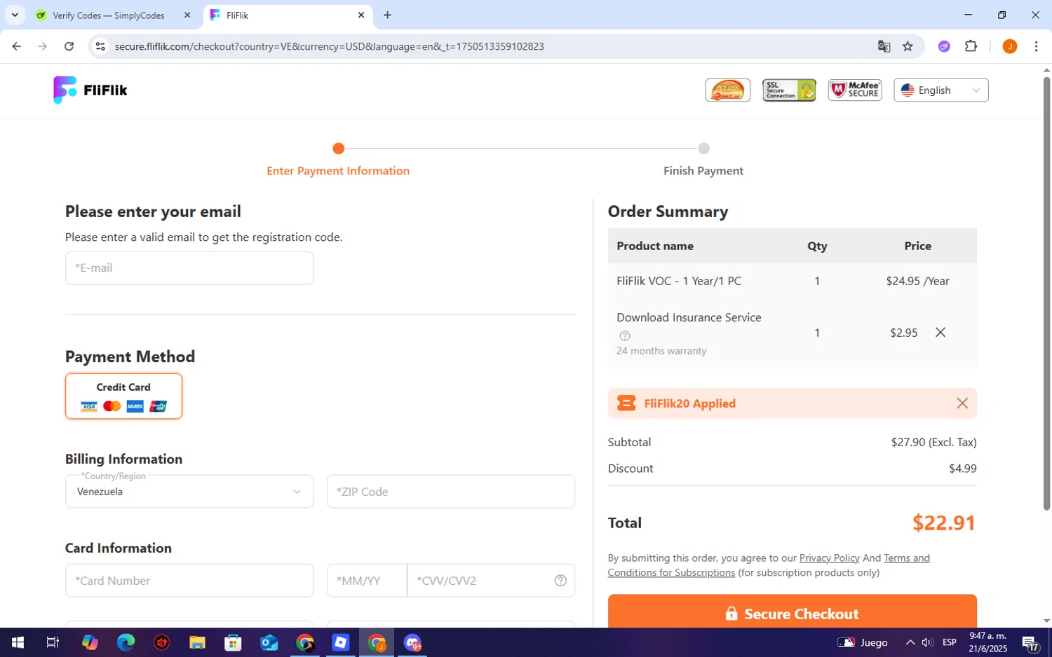 FliFlik promo code screenshot showing code FliFlik20 applied at FliFlik checkout page. Uploaded by SimplyCodes community member TheCreature on Jun 21, 2025