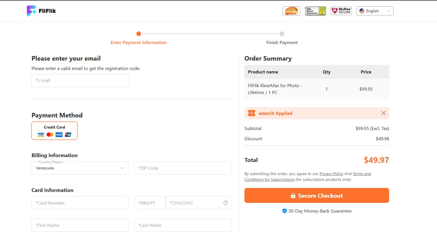 FliFlik promo code screenshot showing code SALE50 applied at FliFlik checkout page. Uploaded by SimplyCodes community member Kmacho on Mar 22, 2025