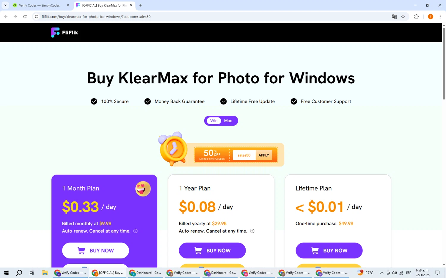 FliFlik promo code screenshot showing code SALE50 applied at FliFlik checkout page. Uploaded by SimplyCodes community member EpicHero3141 on Mar 22, 2025