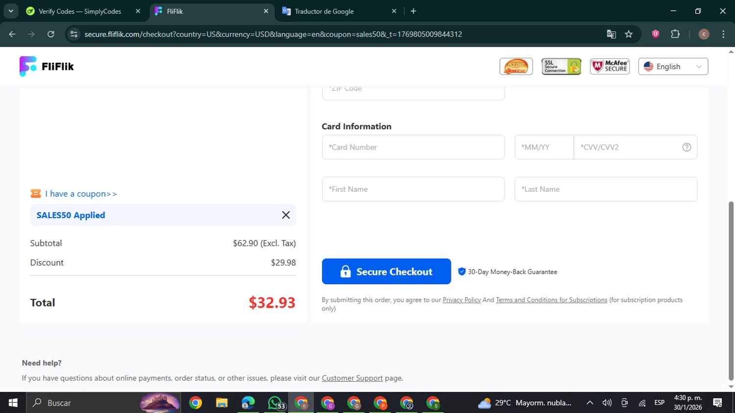 FliFlik promo code screenshot showing code SALES50 applied at FliFlik checkout page. Uploaded by SimplyCodes community member NobleExpert6497 on Jan 30, 2026