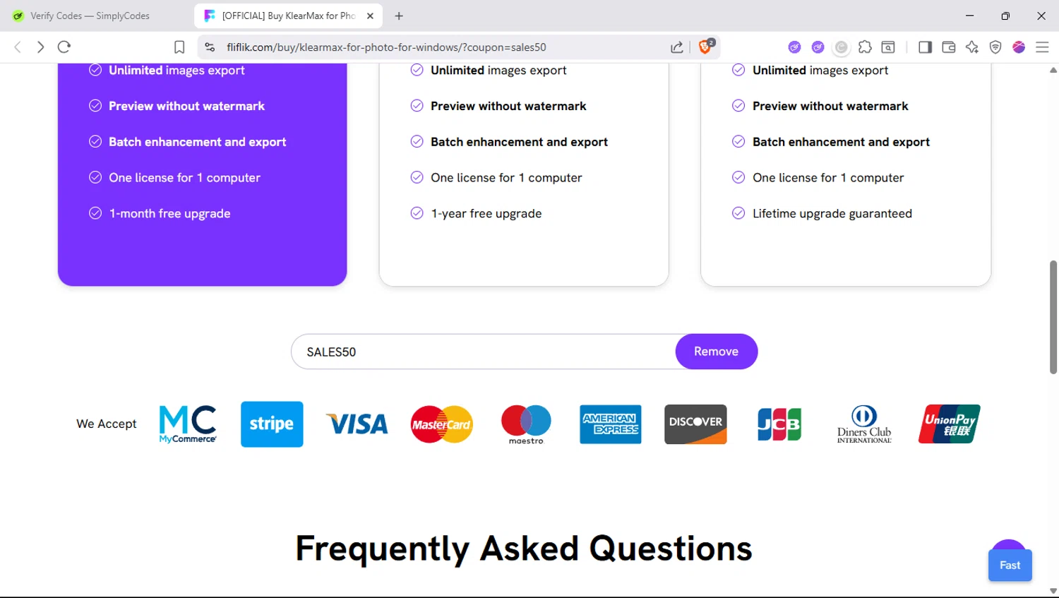 FliFlik promo code screenshot showing code SALES50 applied at FliFlik checkout page. Uploaded by SimplyCodes community member SapeGato on Jul 29, 2025
