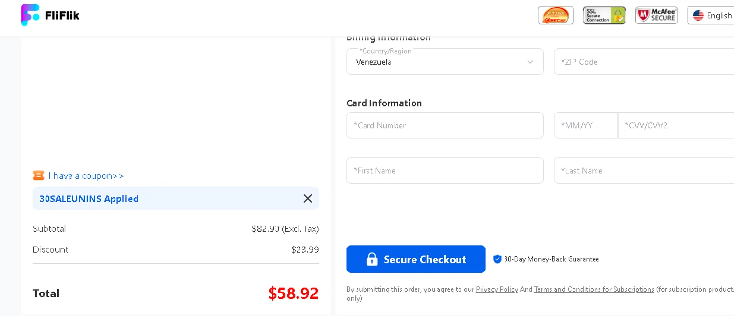 FliFlik promo code screenshot showing code 30SALEUNINS applied at FliFlik checkout page. Uploaded by SimplyCodes community member tuvalu10 on Nov 12, 2025