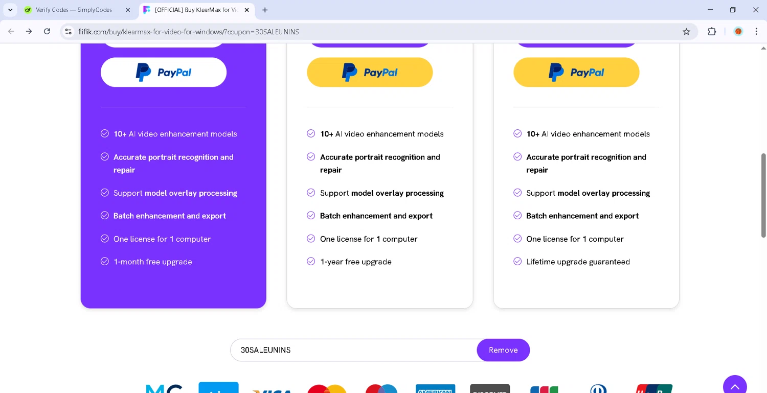 FliFlik promo code screenshot showing code 30SALEUNINS applied at FliFlik checkout page. Uploaded by SimplyCodes community member Estefani4 on Sep 15, 2025